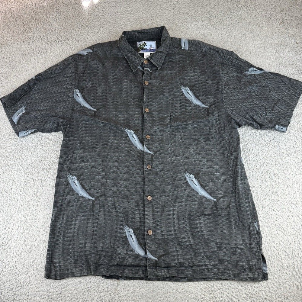 AFTCO Shirt Mens Large Fishing Gray Blue Marlin Print Short Sleeve‎ Camp